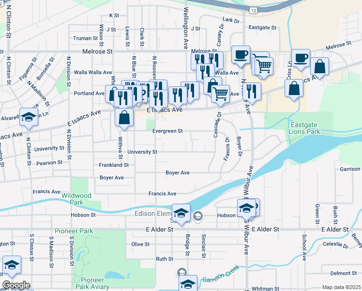 map of restaurants, bars, coffee shops, grocery stores, and more near 1408 University Street in Walla Walla
