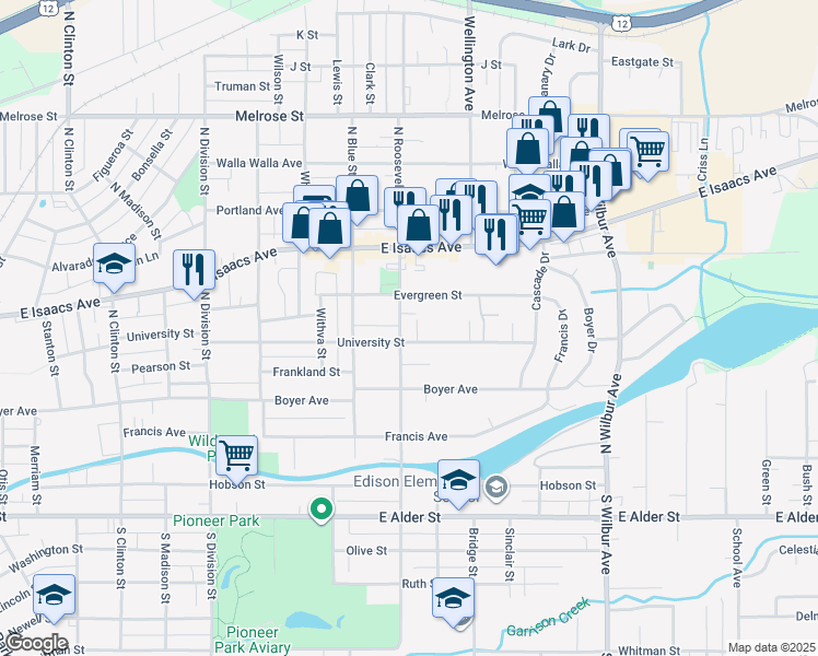 map of restaurants, bars, coffee shops, grocery stores, and more near 1237 University Street in Walla Walla