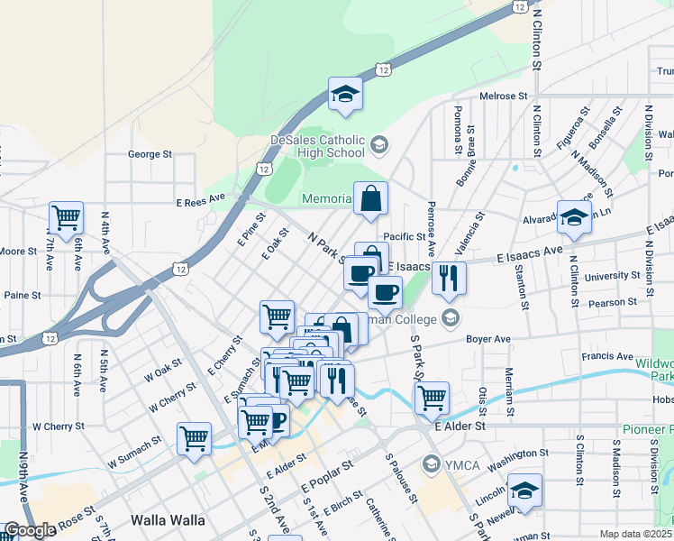 map of restaurants, bars, coffee shops, grocery stores, and more near 108 North Touchet Street in Walla Walla
