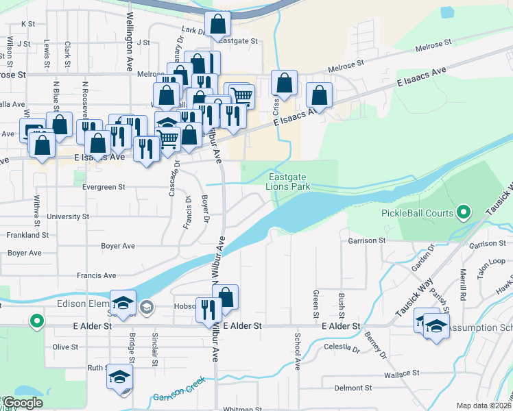 map of restaurants, bars, coffee shops, grocery stores, and more near 1652 Cambridge Drive in Walla Walla
