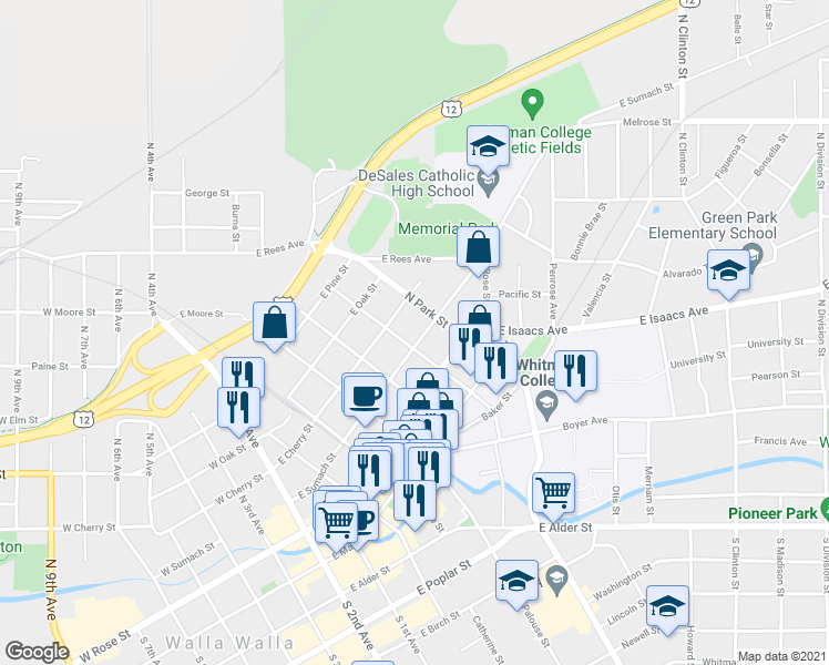 map of restaurants, bars, coffee shops, grocery stores, and more near 509 East Sumach Street in Walla Walla