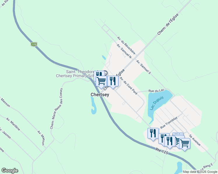 map of restaurants, bars, coffee shops, grocery stores, and more near 380 Chemin de l'Église in Chertsey