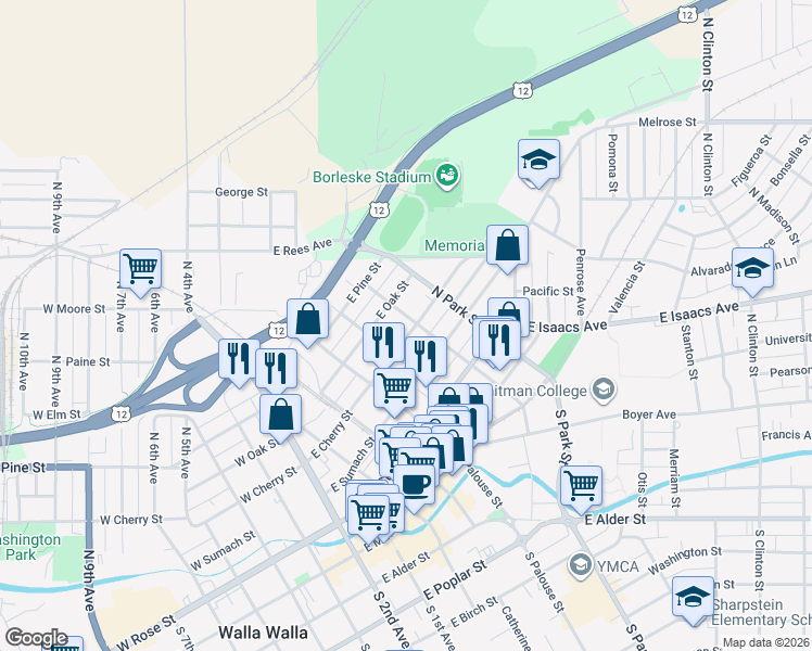 map of restaurants, bars, coffee shops, grocery stores, and more near 405 East Cherry Street in Walla Walla