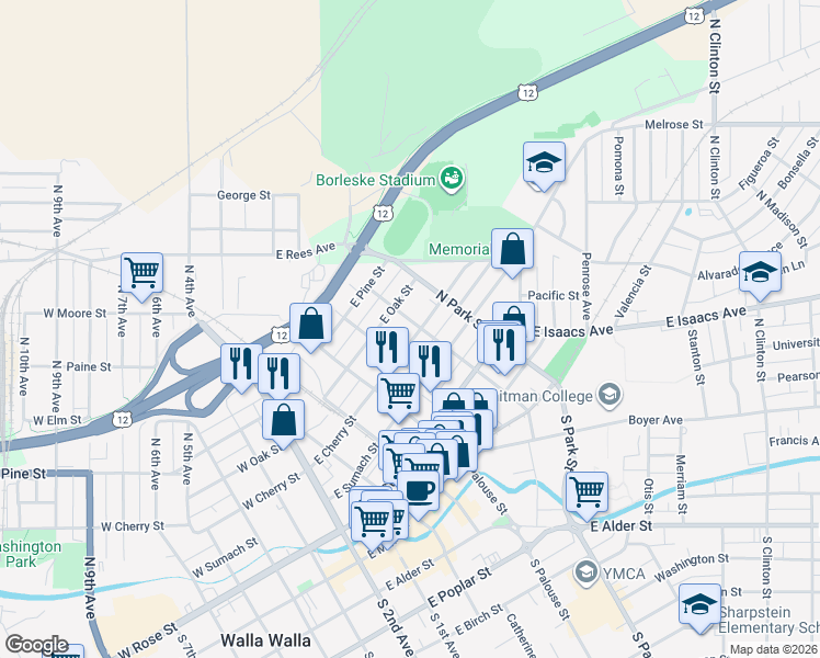 map of restaurants, bars, coffee shops, grocery stores, and more near 405 East Cherry Street in Walla Walla