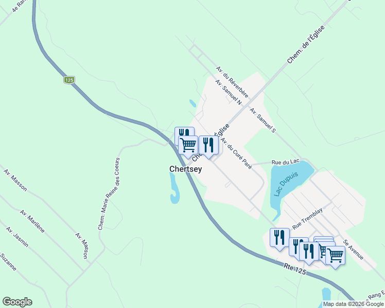 map of restaurants, bars, coffee shops, grocery stores, and more near 359 Chemin de l'Église in Chertsey