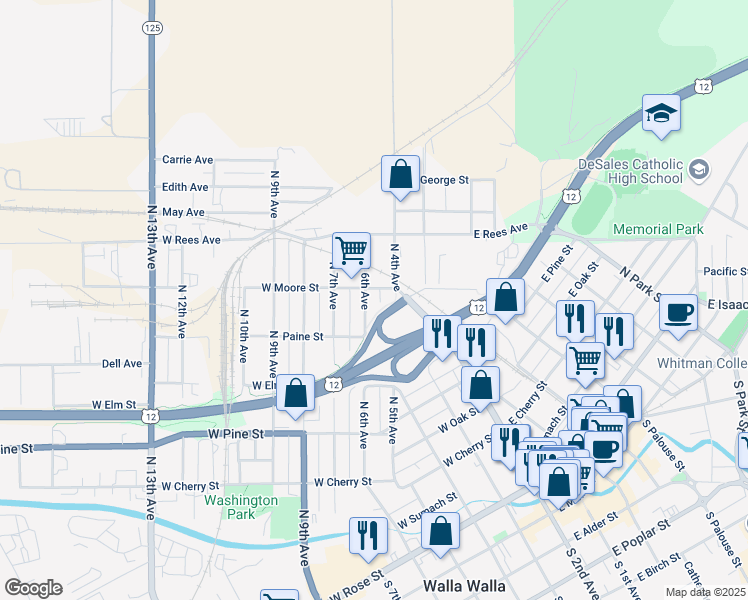 map of restaurants, bars, coffee shops, grocery stores, and more near 722 North 6th Avenue in Walla Walla