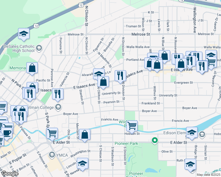 map of restaurants, bars, coffee shops, grocery stores, and more near 114 North Madison Street in Walla Walla