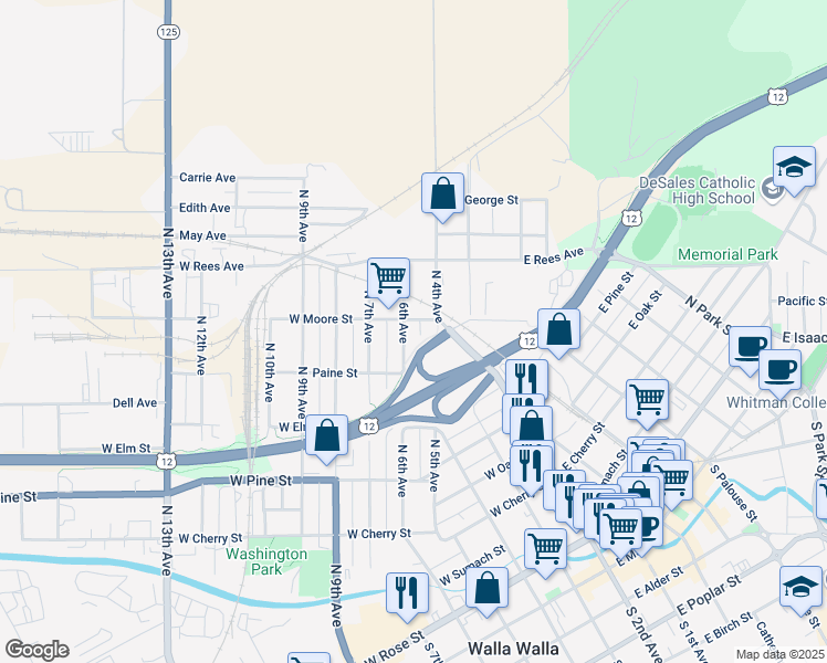 map of restaurants, bars, coffee shops, grocery stores, and more near 722 North 6th Avenue in Walla Walla