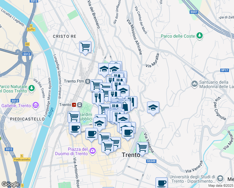 map of restaurants, bars, coffee shops, grocery stores, and more near 8 Via Alessandro Manzoni in Trento