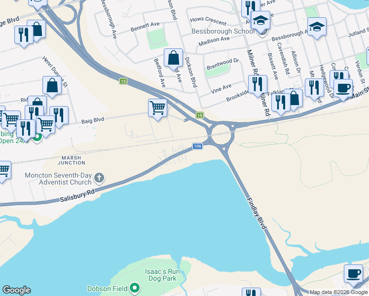 map of restaurants, bars, coffee shops, grocery stores, and more near 50 Baig Boulevard in Moncton