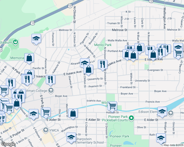 map of restaurants, bars, coffee shops, grocery stores, and more near 1105 East Isaacs Avenue in Walla Walla