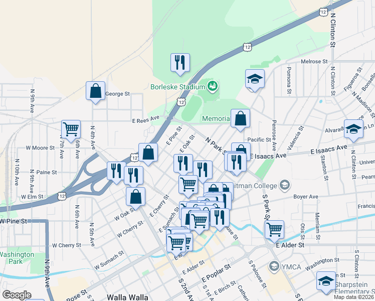 map of restaurants, bars, coffee shops, grocery stores, and more near 505 East Oak Street in Walla Walla