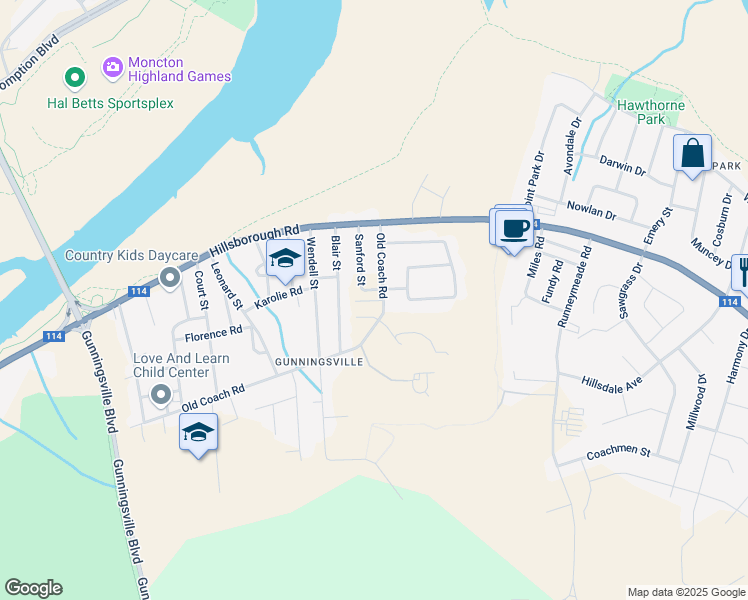 map of restaurants, bars, coffee shops, grocery stores, and more near 237 Old Coach Road in Riverview