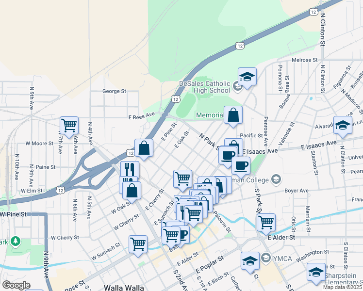 map of restaurants, bars, coffee shops, grocery stores, and more near 430 East Oak Street in Walla Walla