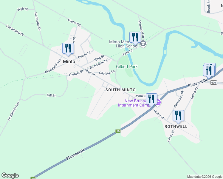 map of restaurants, bars, coffee shops, grocery stores, and more near 26 Main Street in Minto