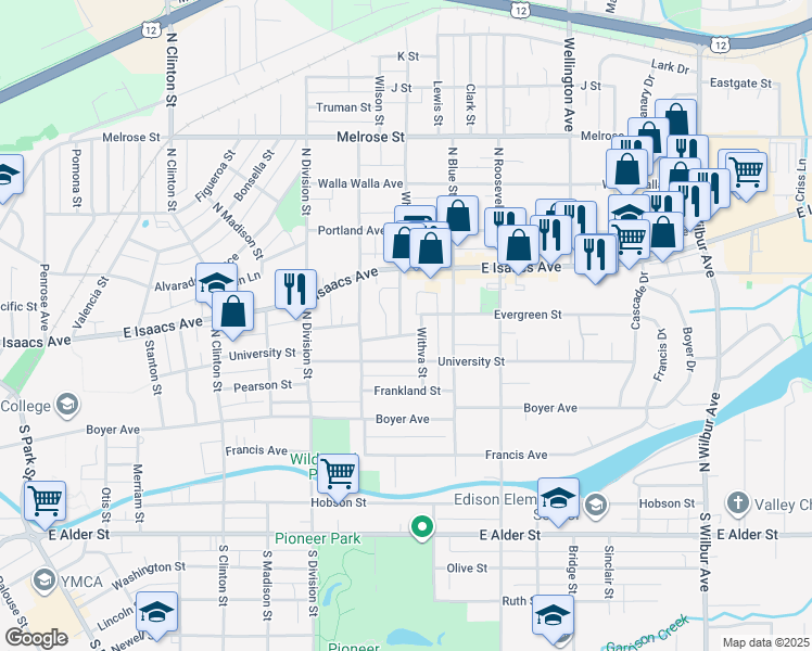 map of restaurants, bars, coffee shops, grocery stores, and more near 1507 Evergreen Street in Walla Walla