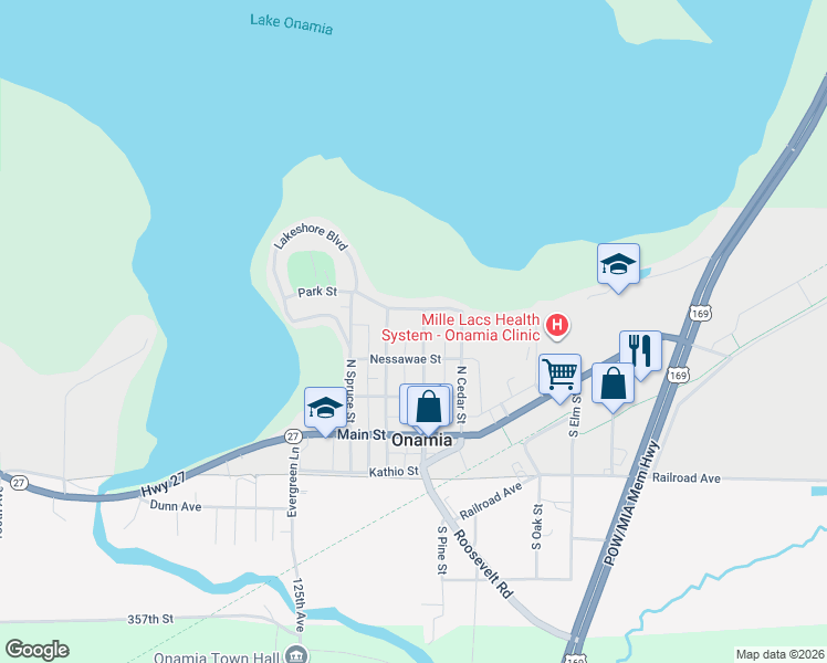 map of restaurants, bars, coffee shops, grocery stores, and more near 313 South Pine Street in Onamia