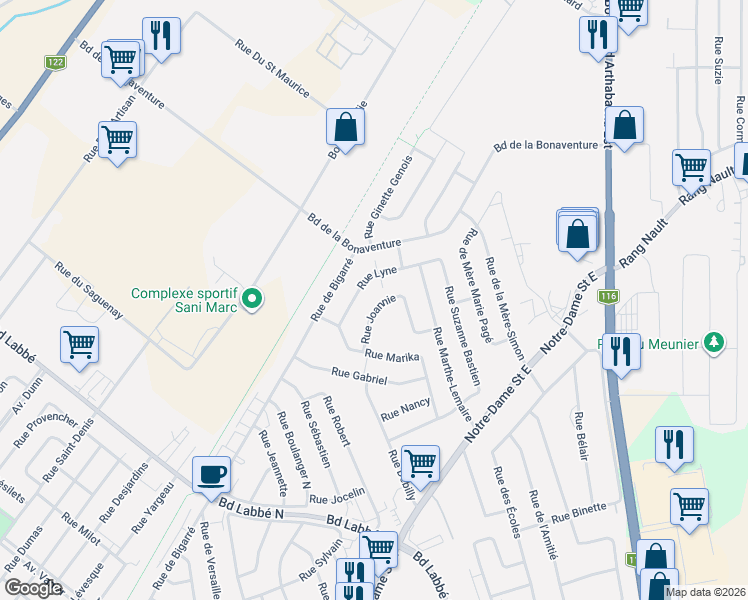 map of restaurants, bars, coffee shops, grocery stores, and more near 24 Rue Joannie in Victoriaville