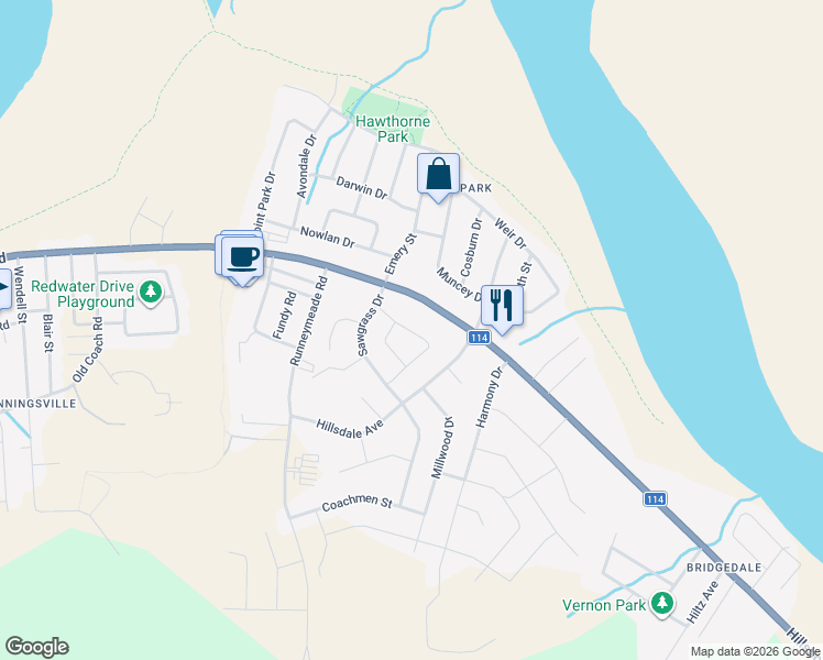 map of restaurants, bars, coffee shops, grocery stores, and more near Madrid Street in Riverview