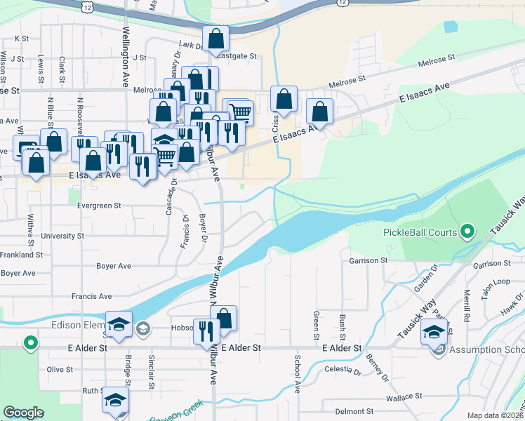 map of restaurants, bars, coffee shops, grocery stores, and more near 1655 University Drive in Walla Walla