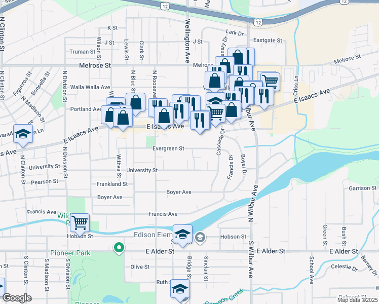 map of restaurants, bars, coffee shops, grocery stores, and more near 1804 East Isaacs Avenue in Walla Walla
