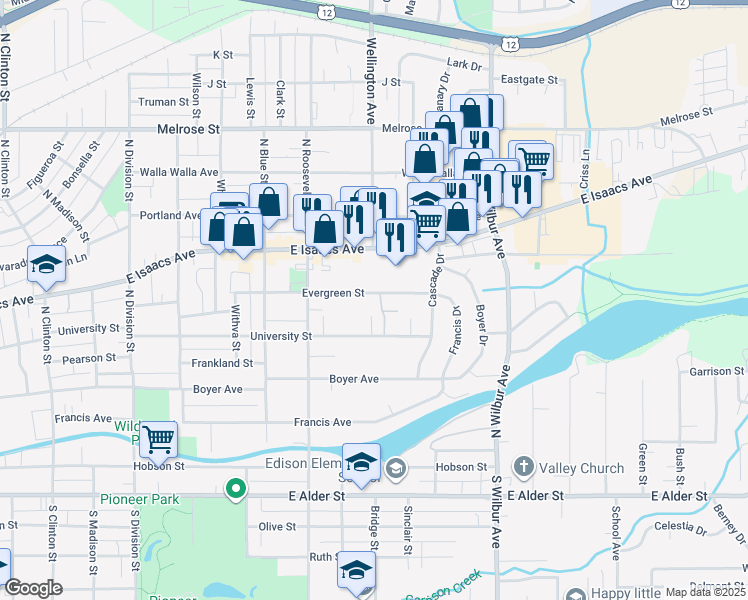 map of restaurants, bars, coffee shops, grocery stores, and more near 1804 East Isaacs Avenue in Walla Walla