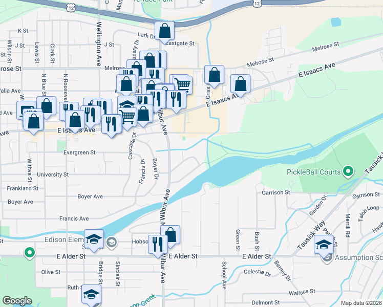 map of restaurants, bars, coffee shops, grocery stores, and more near 1655 University Drive in Walla Walla