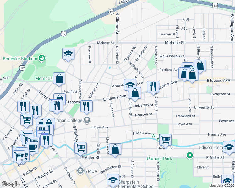 map of restaurants, bars, coffee shops, grocery stores, and more near 716 Estrella Street in Walla Walla
