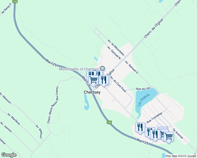 map of restaurants, bars, coffee shops, grocery stores, and more near Rue Clément in Lanaudière