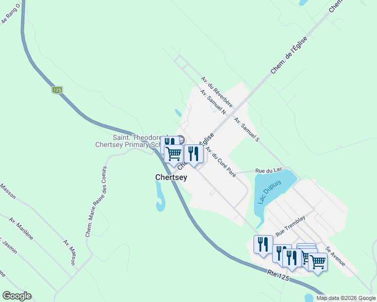 map of restaurants, bars, coffee shops, grocery stores, and more near 445 Chemin de l'Église in Chertsey