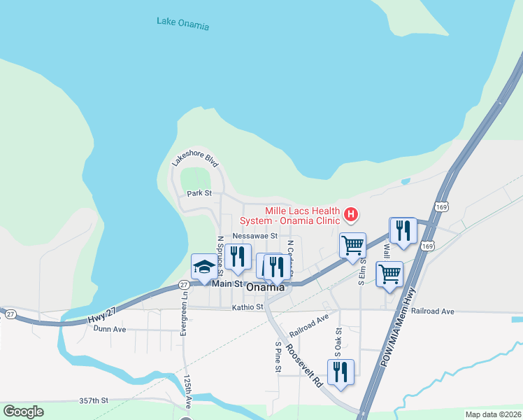 map of restaurants, bars, coffee shops, grocery stores, and more near 313 South Pine Street in Onamia