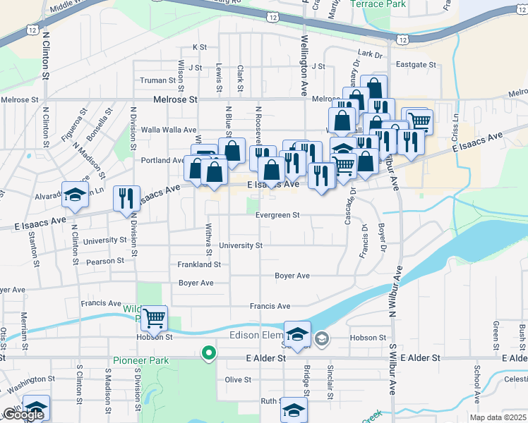 map of restaurants, bars, coffee shops, grocery stores, and more near 1703 Evergreen Street in Walla Walla