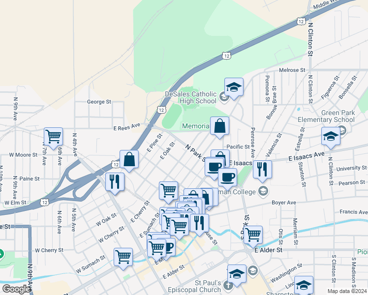 map of restaurants, bars, coffee shops, grocery stores, and more near 527 East Cherry Street in Walla Walla