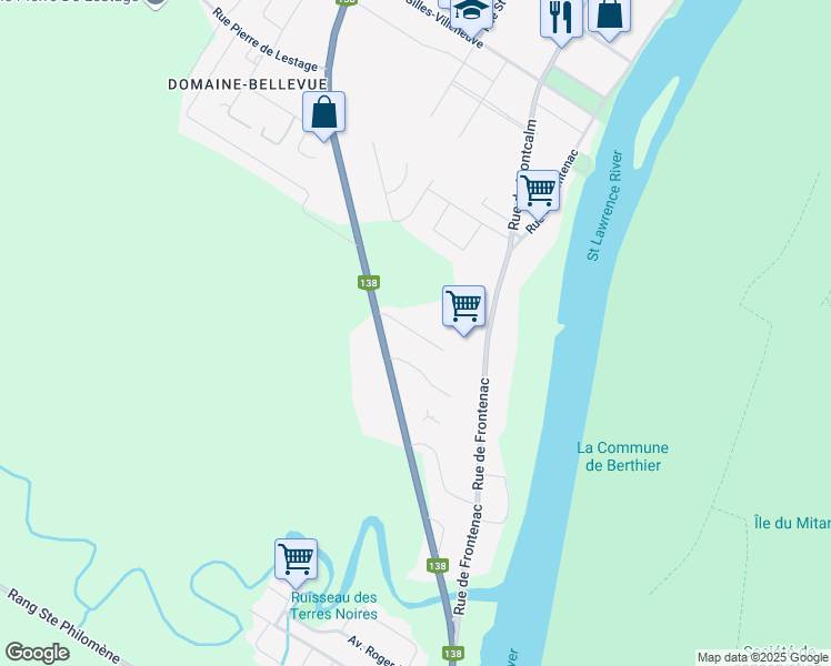 map of restaurants, bars, coffee shops, grocery stores, and more near Rue Cuthbert in Berthierville
