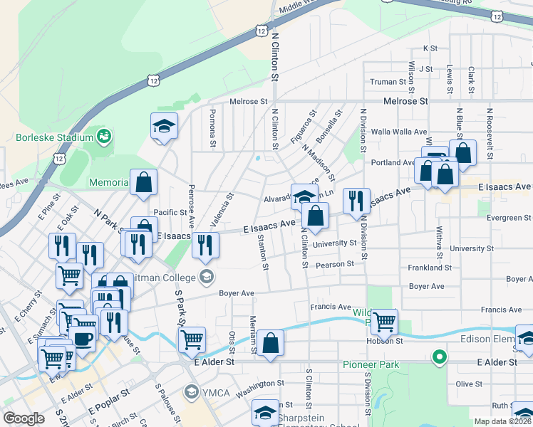 map of restaurants, bars, coffee shops, grocery stores, and more near 716 Estrella Street in Walla Walla