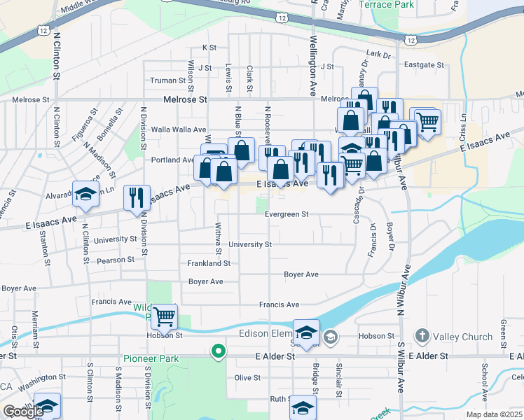 map of restaurants, bars, coffee shops, grocery stores, and more near 1627 Evergreen Street in Walla Walla