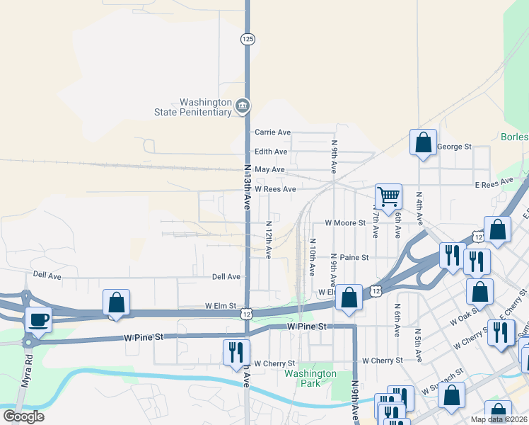 map of restaurants, bars, coffee shops, grocery stores, and more near 1110 North 13th Avenue in Walla Walla