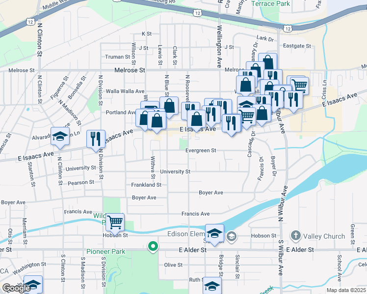 map of restaurants, bars, coffee shops, grocery stores, and more near 1627 Evergreen Street in Walla Walla