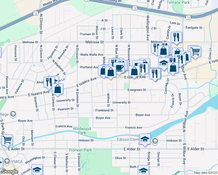 map of restaurants, bars, coffee shops, grocery stores, and more near 1507 Evergreen Street in Walla Walla