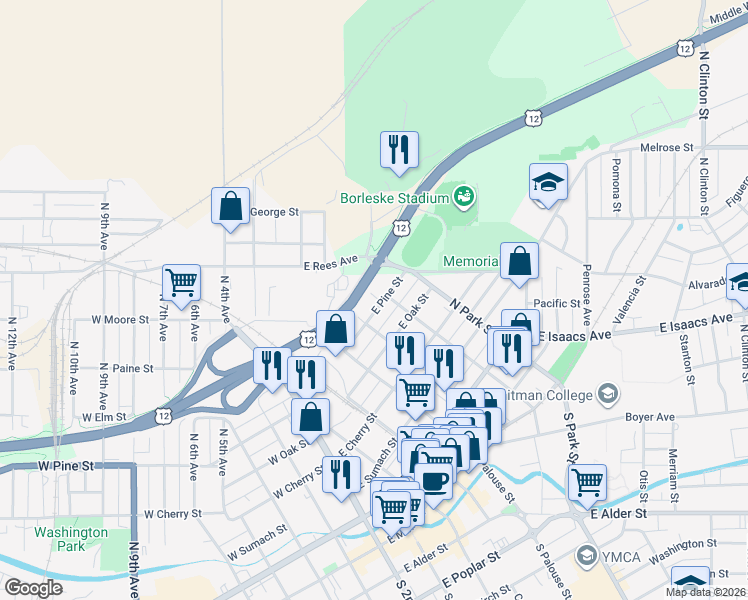 map of restaurants, bars, coffee shops, grocery stores, and more near 421 East Pine Street in Walla Walla