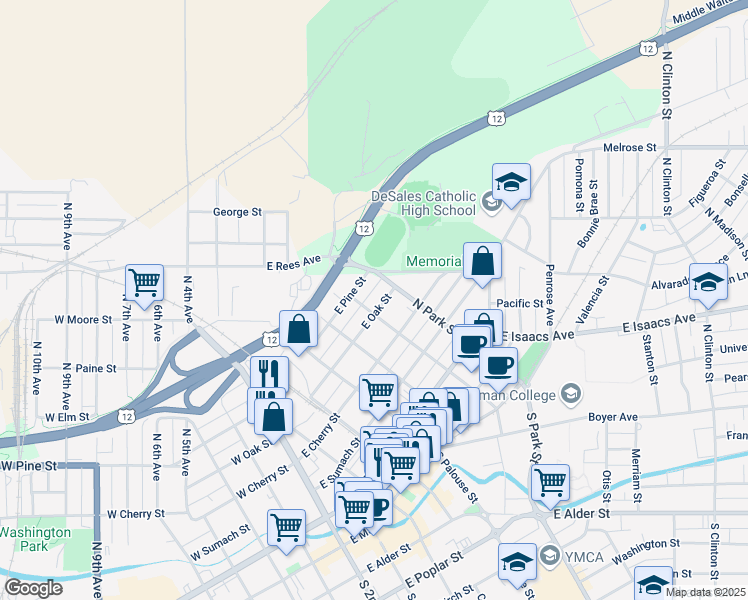 map of restaurants, bars, coffee shops, grocery stores, and more near 505 East Oak Street in Walla Walla