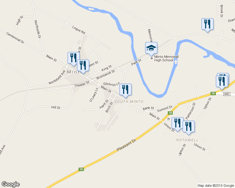 map of restaurants, bars, coffee shops, grocery stores, and more near 26 Main Street in Minto