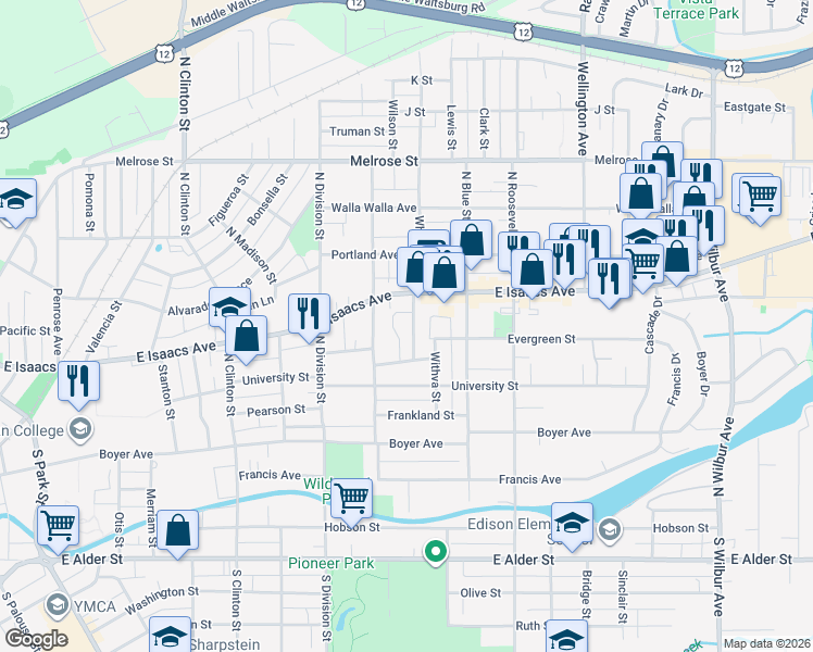 map of restaurants, bars, coffee shops, grocery stores, and more near 221 White Street in Walla Walla