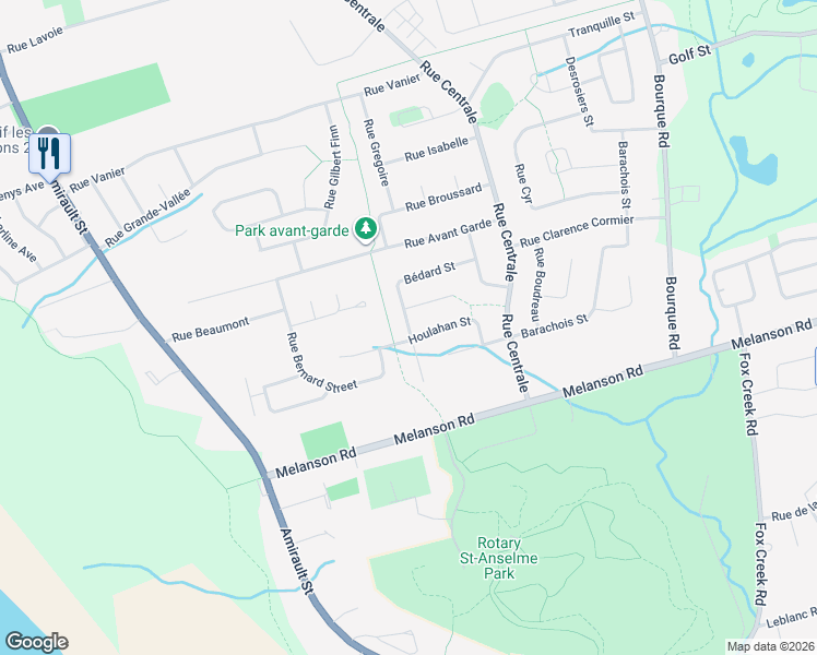 map of restaurants, bars, coffee shops, grocery stores, and more near Bédard Street in Dieppe