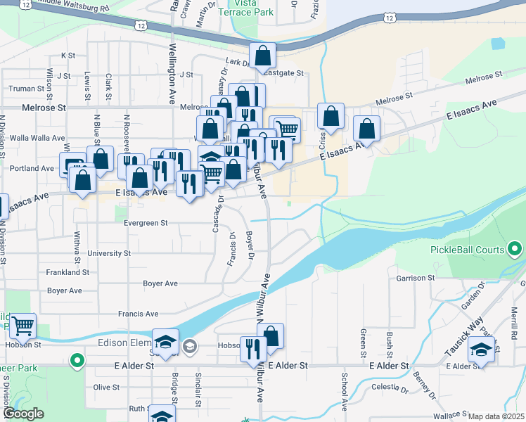 map of restaurants, bars, coffee shops, grocery stores, and more near 159 North Wilbur Avenue in Walla Walla