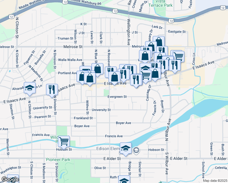 map of restaurants, bars, coffee shops, grocery stores, and more near 1703 Evergreen Street in Walla Walla