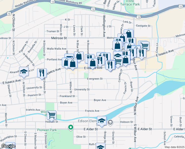 map of restaurants, bars, coffee shops, grocery stores, and more near 1703 Evergreen Street in Walla Walla