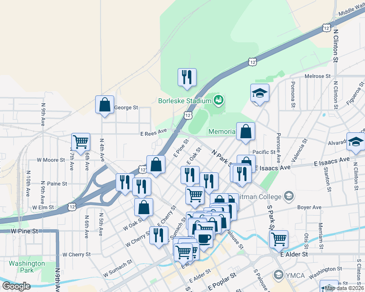 map of restaurants, bars, coffee shops, grocery stores, and more near 421 East Pine Street in Walla Walla