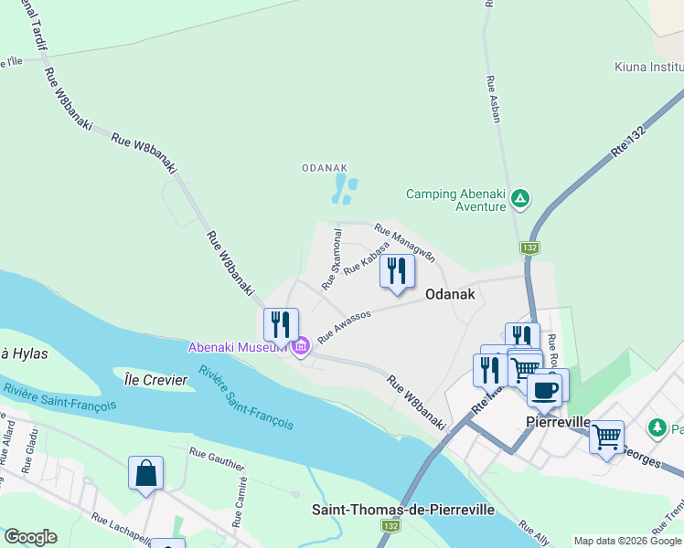 map of restaurants, bars, coffee shops, grocery stores, and more near Rue Sibosis in Odanak