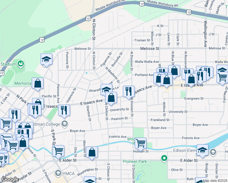map of restaurants, bars, coffee shops, grocery stores, and more near 1105 East Isaacs Avenue in Walla Walla